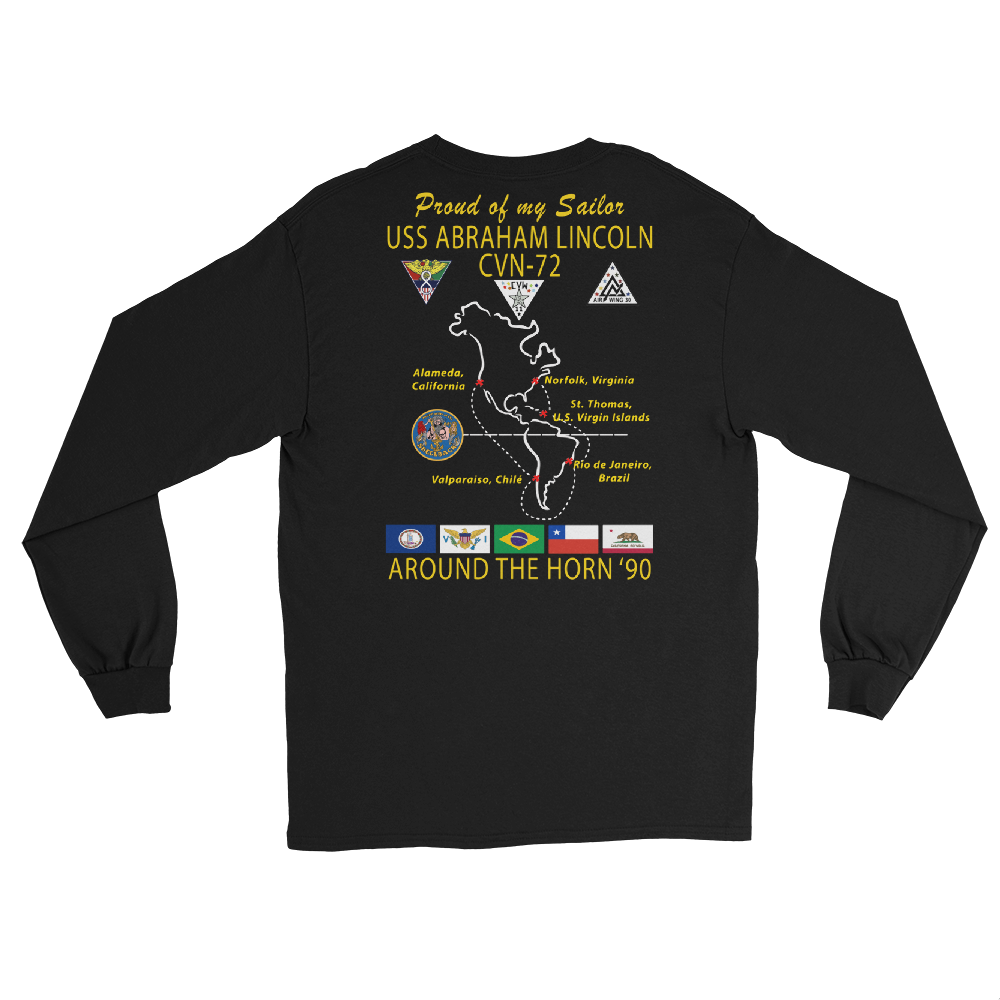 USS Abraham Lincoln (CVN-72) 1990 Long Sleeve Cruise Shirt - FAMILY – back view, black