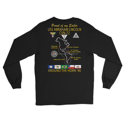 USS Abraham Lincoln (CVN-72) 1990 Long Sleeve Cruise Shirt - FAMILY – back view, black