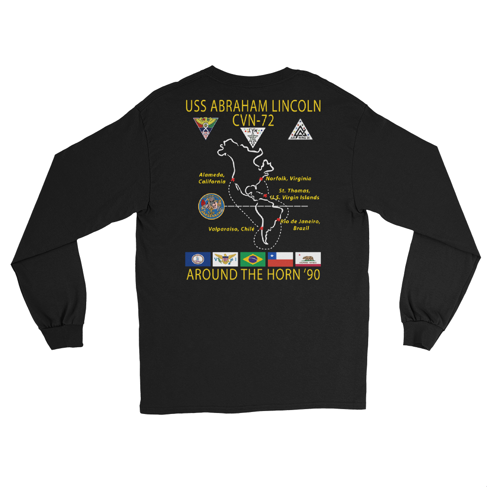 USS Abraham Lincoln (CVN-72) 1990 Around The Horn Long Sleeve Cruise Shirt – back view, black