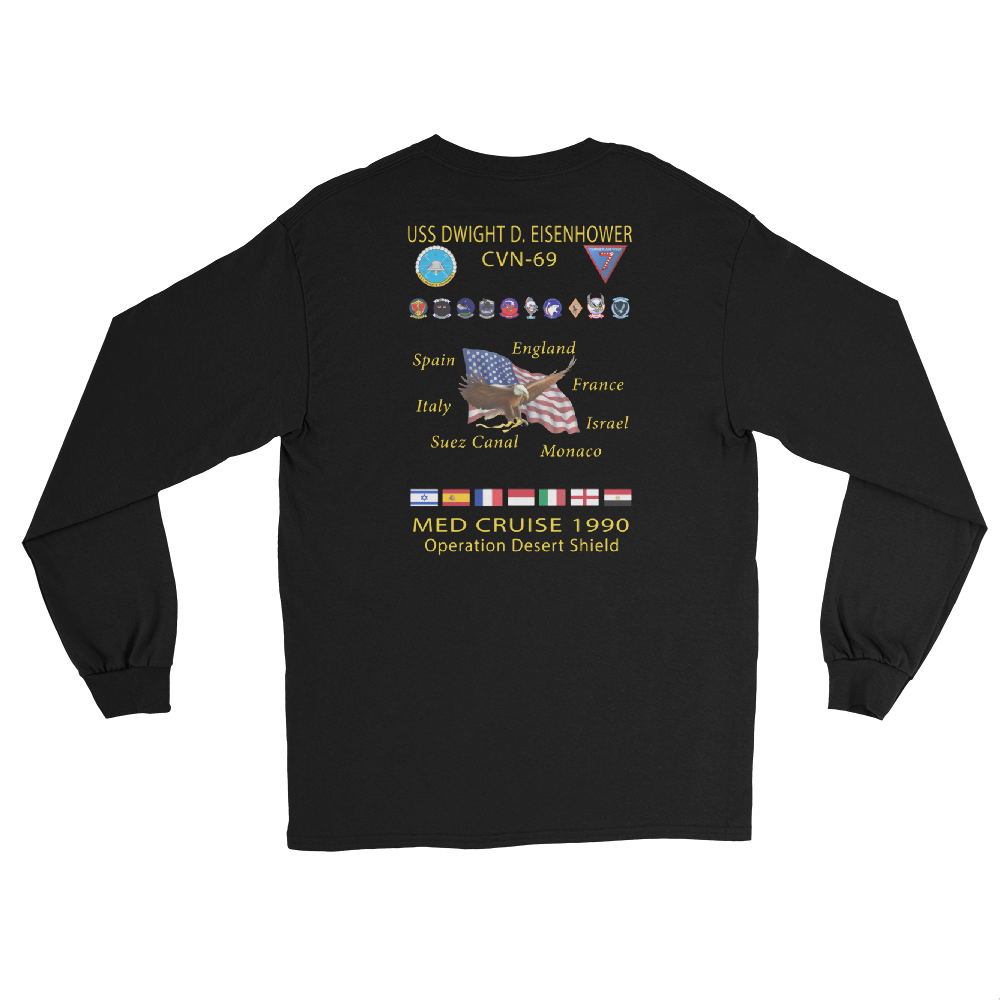 USS Dwight D. Eisenhower (CVN-69) 1990 Long Sleeve Cruise Shirt – back view, black
