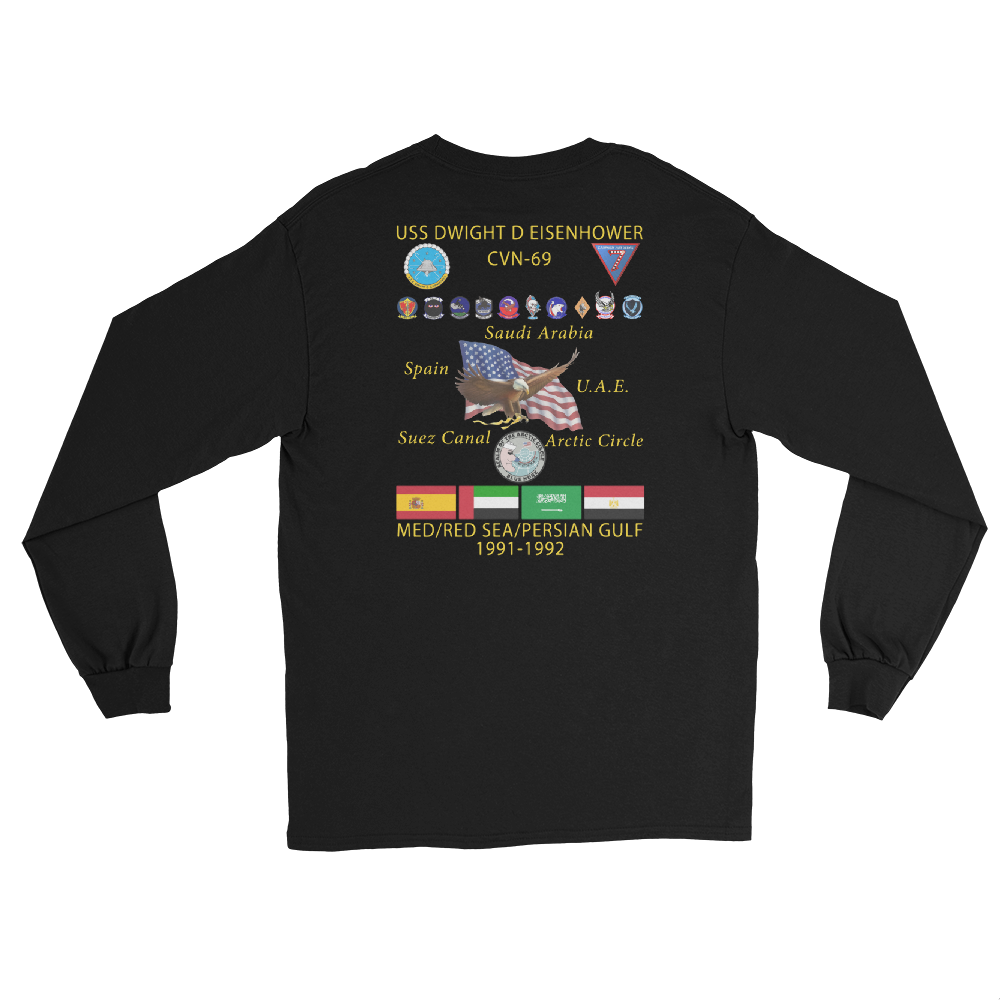 USS Dwight D. Eisenhower (CVN-69) 1991-92 Long Sleeve Cruise Shirt – back view, black