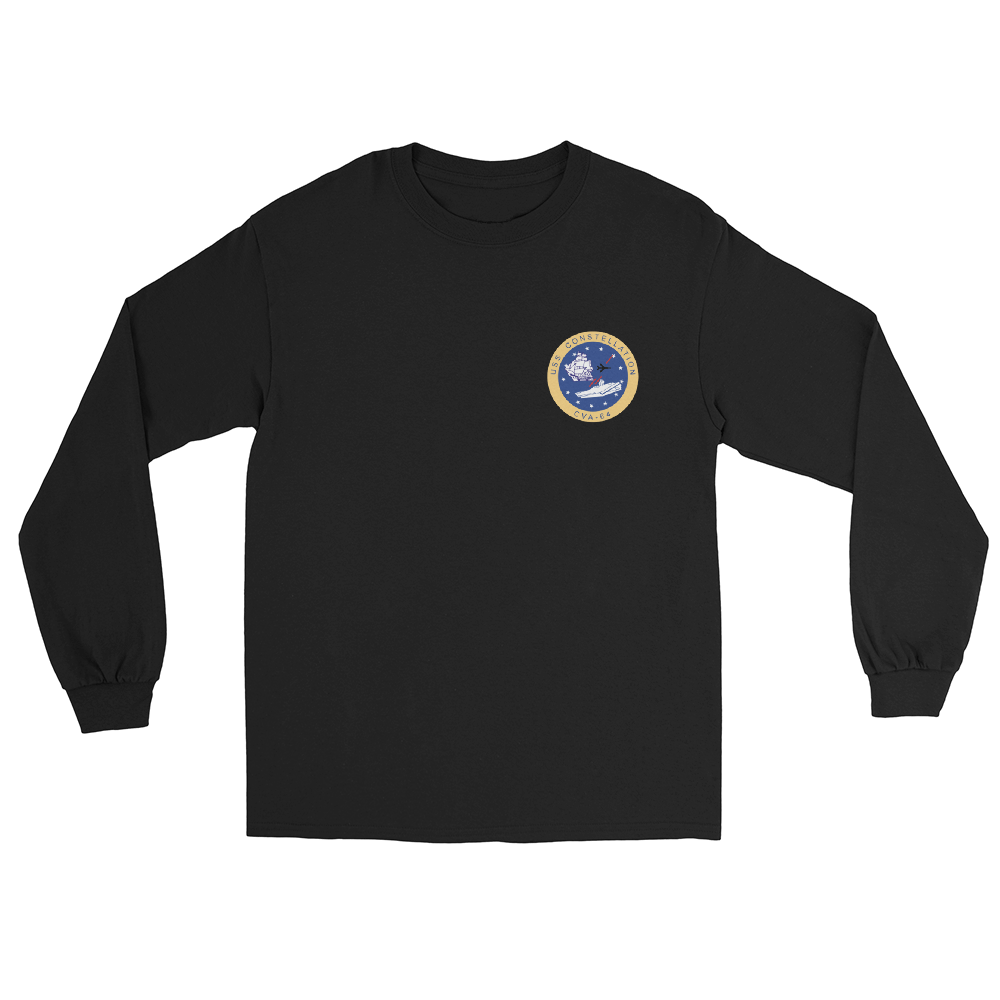 USS Constellation (CVA-64) Ship's Crest Long Sleeve Shirt – front view, black