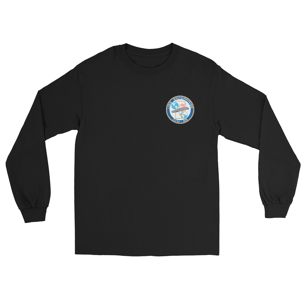 USS Enterprise (CVN-65) Ship's Crest Long Sleeve T-Shirt – front view, black