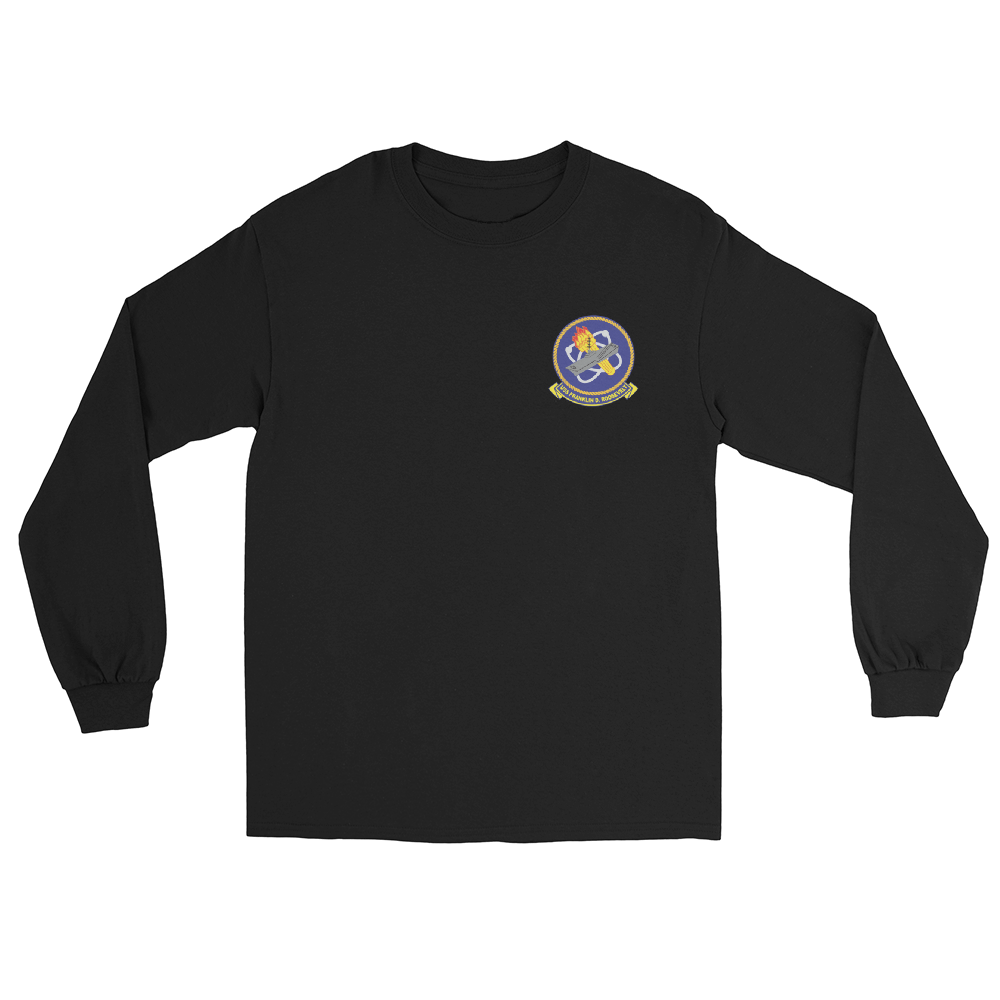 USS Franklin D. Roosevelt (CVB/CVA/CV-42) Ship's Crest Long Sleeve T-Shirt – front view, black
