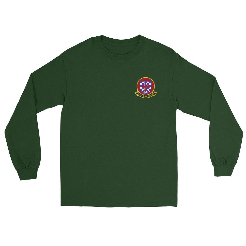 HSC-4 Black Knights Squadron Crest Long Sleeve Shirt – front view, forest