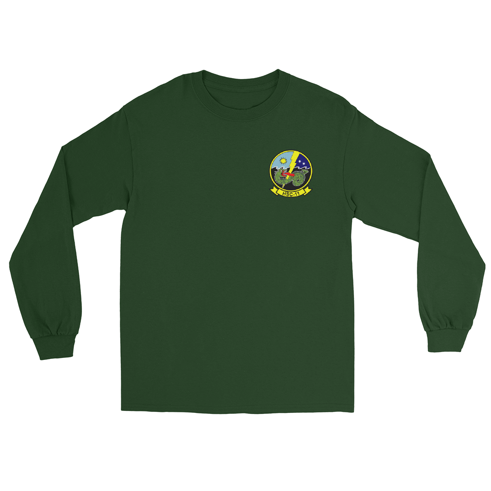 HSC-11 Dragonslayers Squadron Crest Long Sleeve T-Shirt – front view, forest