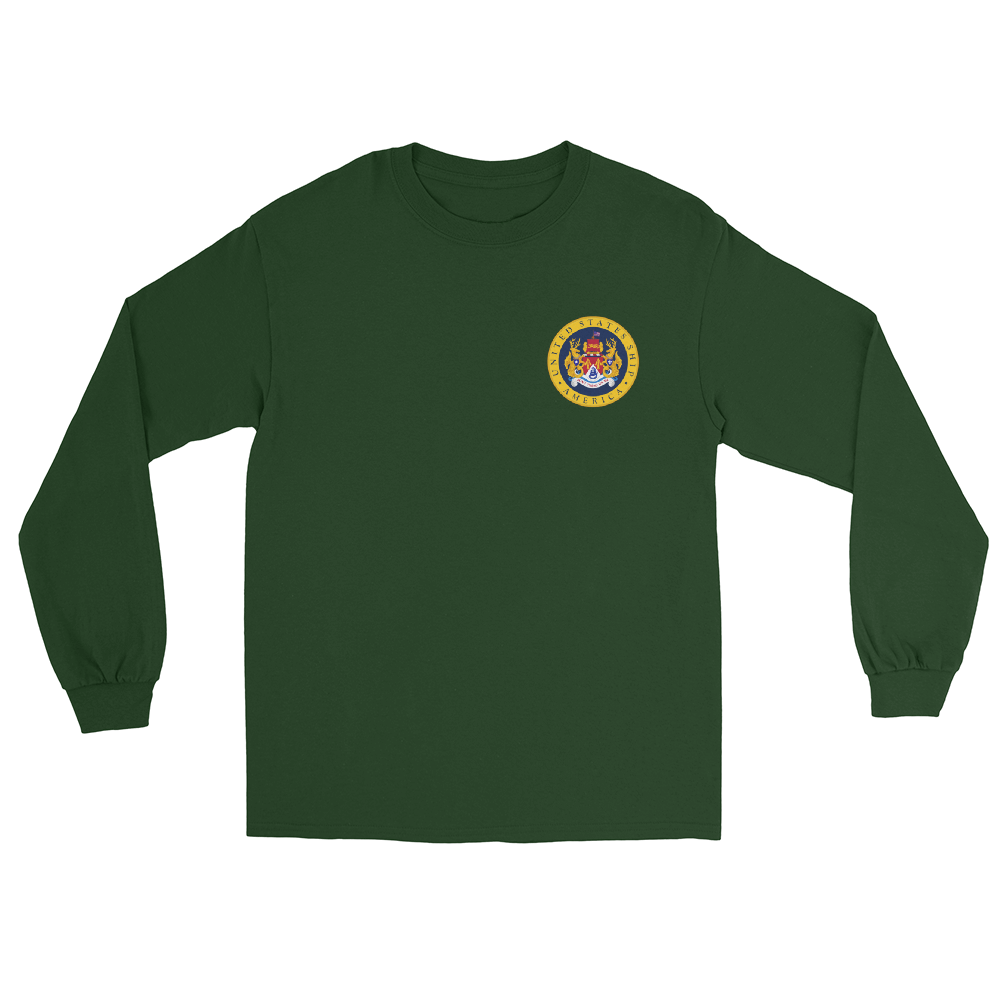 USS America (CVA/CV-66) Ship's Crest Long Sleeve T-Shirt – front view, forest