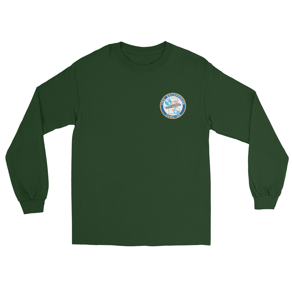 USS Enterprise (CVAN-65) Ship's Crest Long Sleeve T-Shirt – front view, forest