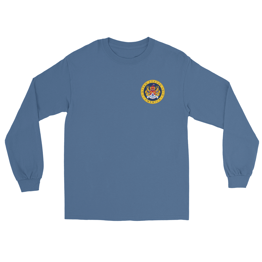 USS America (CVA-66) 1967 Long Sleeve Cruise Shirt - FAMILY – front view, indigo