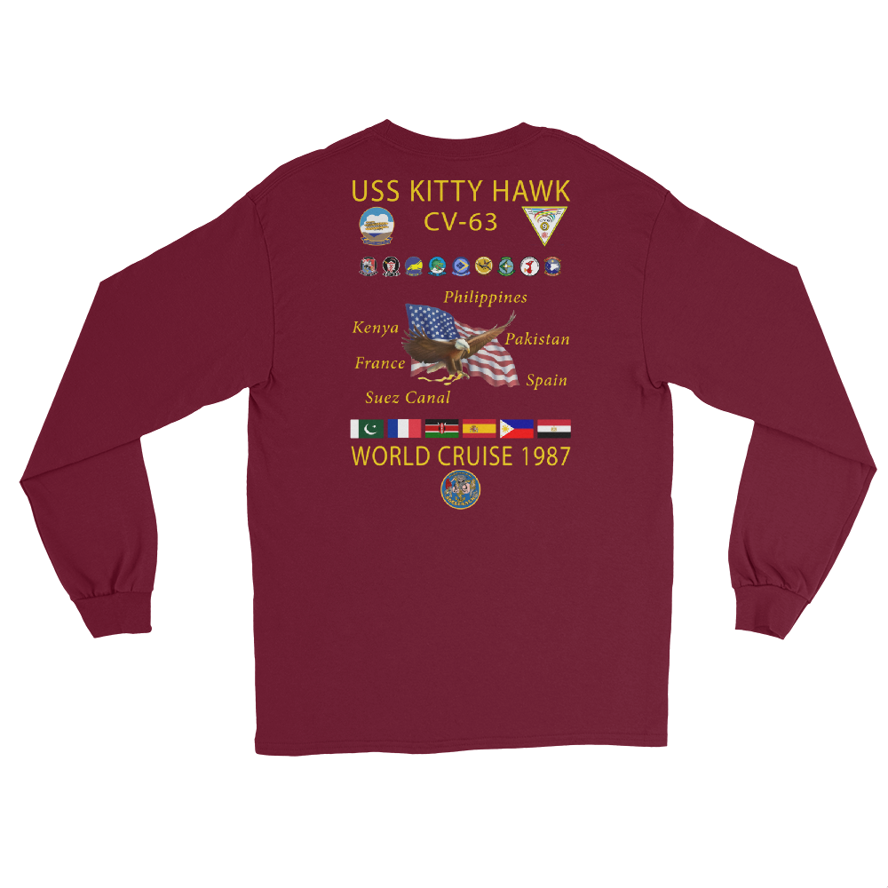 USS Kitty Hawk (CV-63) 1987 Long Sleeve Cruise Shirt – back view, maroon