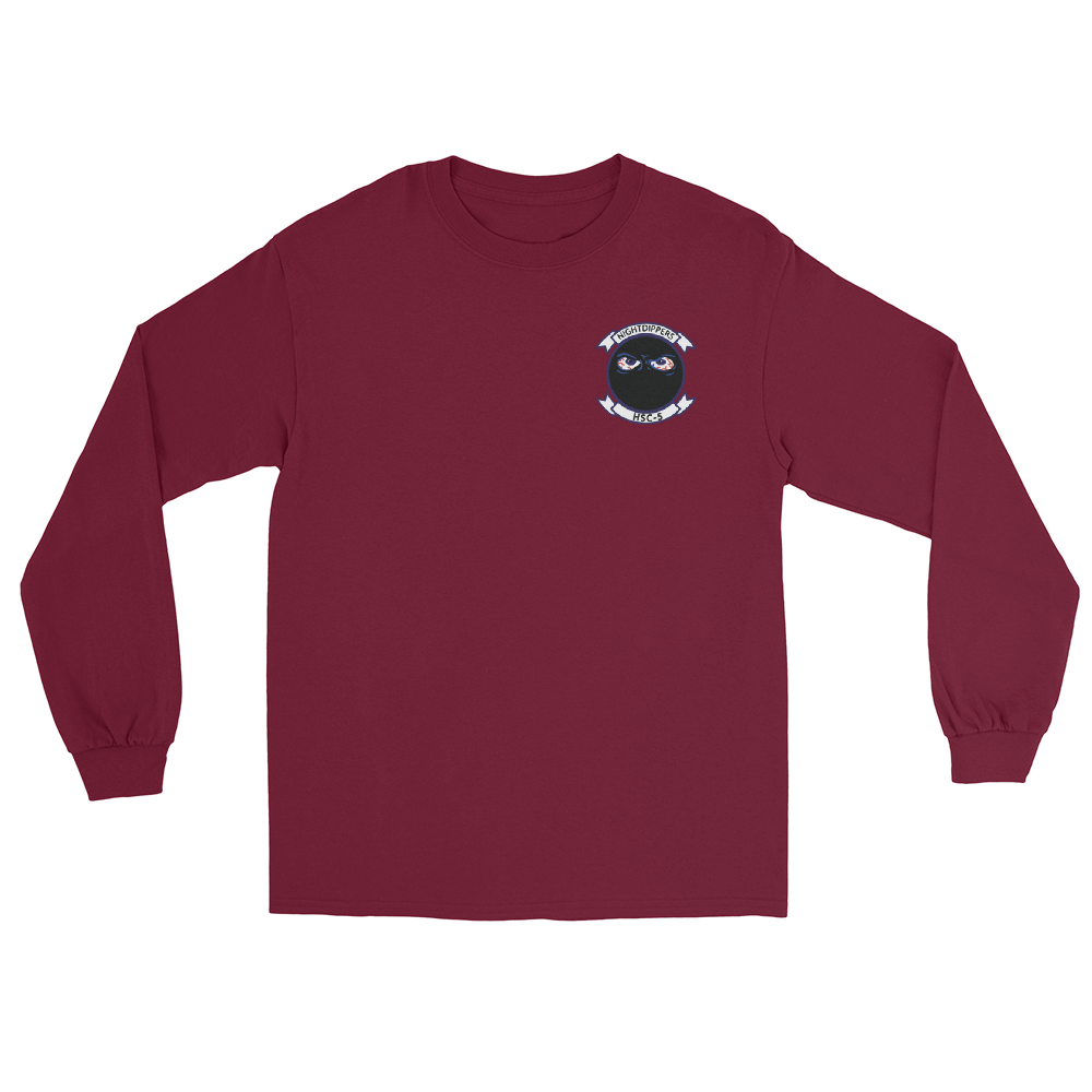 HSC-5 Nightdippers Squadron Crest Long Sleeve T-Shirt – front view, maroon