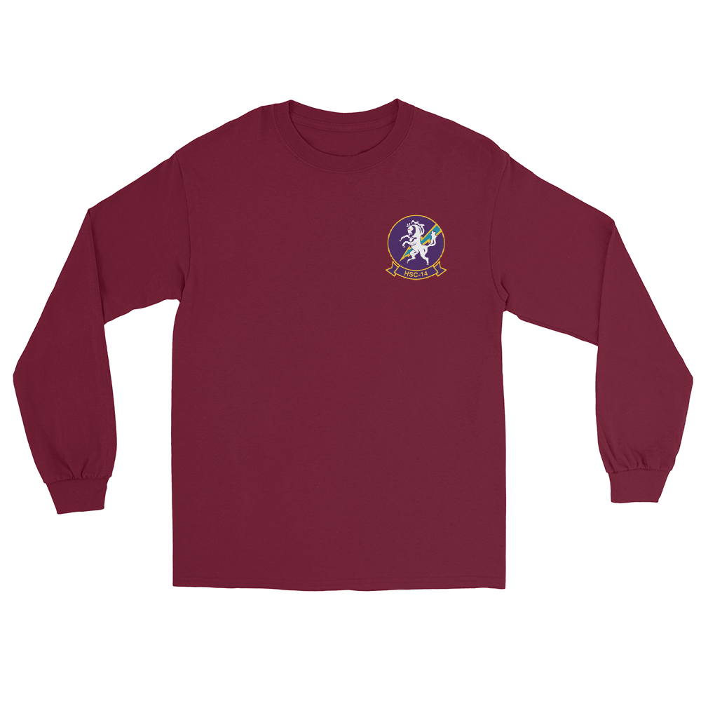 HSC-14 Chargers Squadron Crest Long Sleeve T-Shirt – front view, maroon