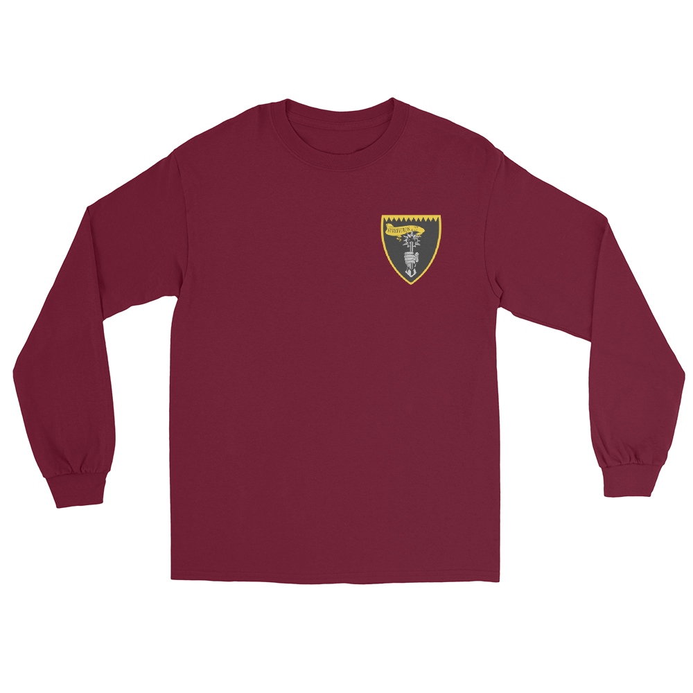 VFA-27 Royal Maces Squadron Crest Long Sleeve T-Shirt – front view, maroon