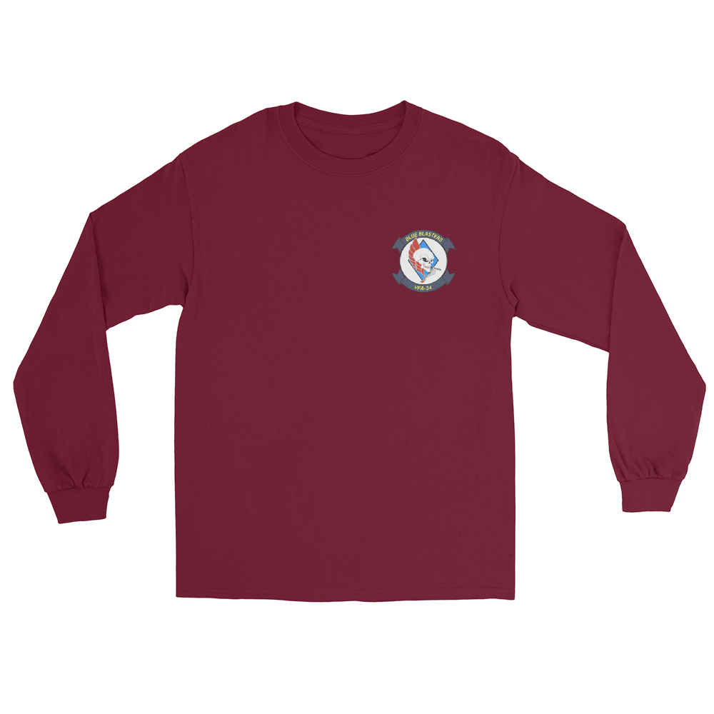 VFA-34 Blue Blasters Squadron Crest Long Sleeve T-Shirt – front view, maroon
