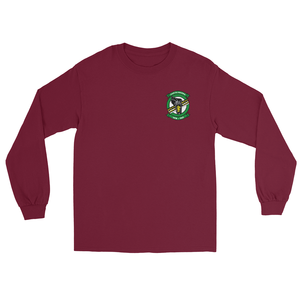 VFA-105 Gunslingers Squadron Crest Long Sleeve T-Shirt – front view, maroon
