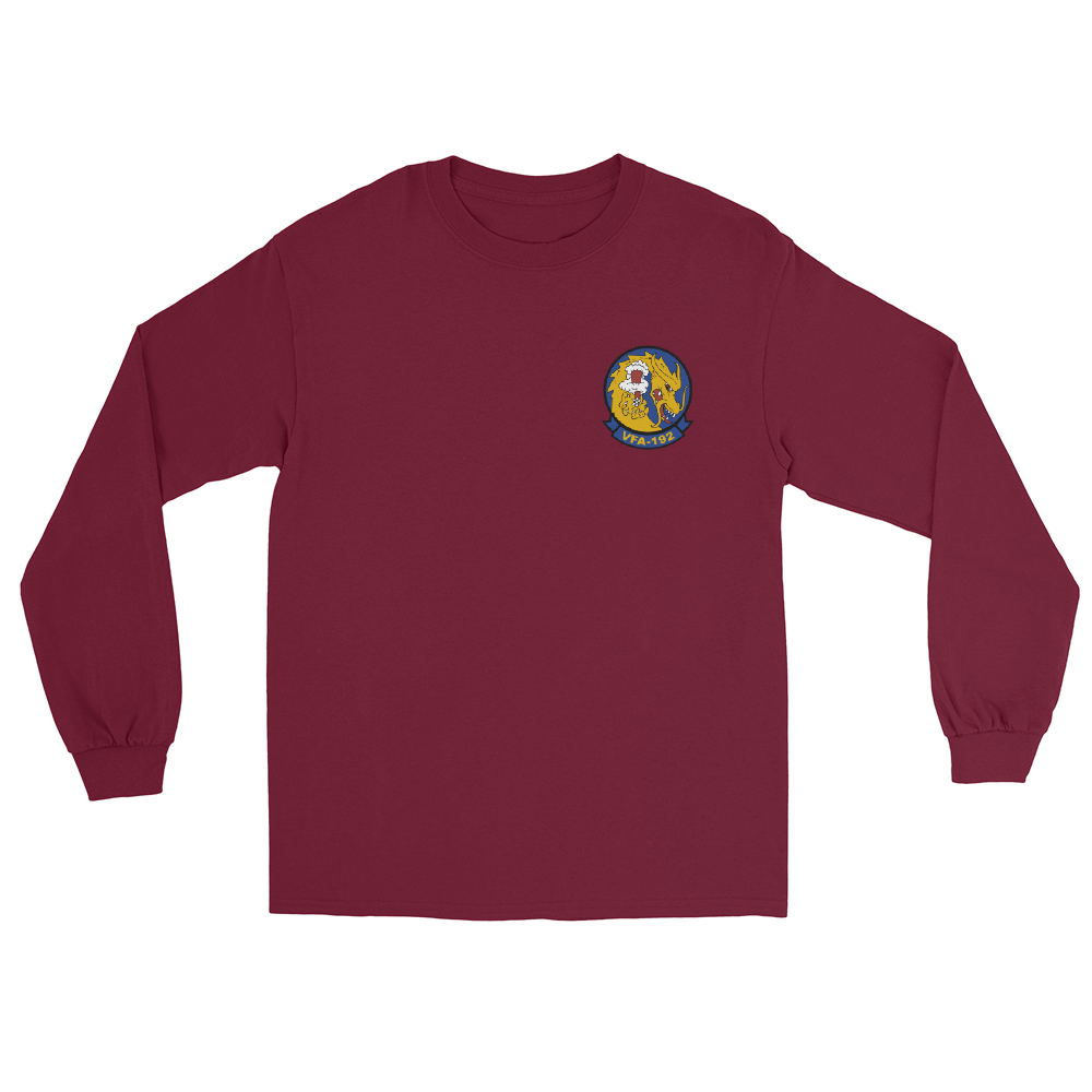 VFA-192 World Famous Golden Dragons Squadron Crest Long Sleeve T-Shirt – front view, maroon