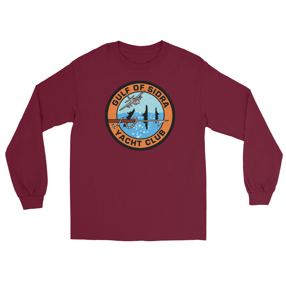 Gulf of Sidra Yacht Club Long Sleeve T-Shirt – front view, maroon