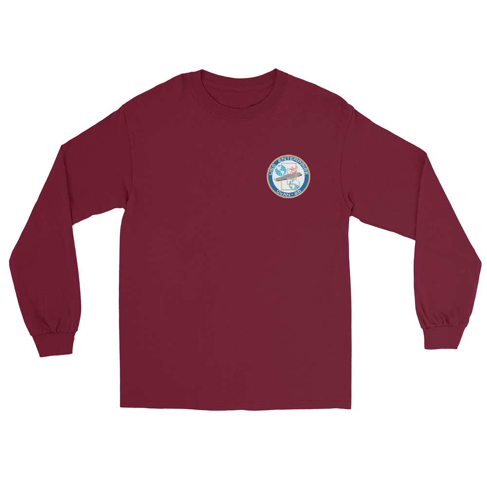 USS Enterprise (CVAN-65) Ship's Crest Long Sleeve T-Shirt – front view, maroon