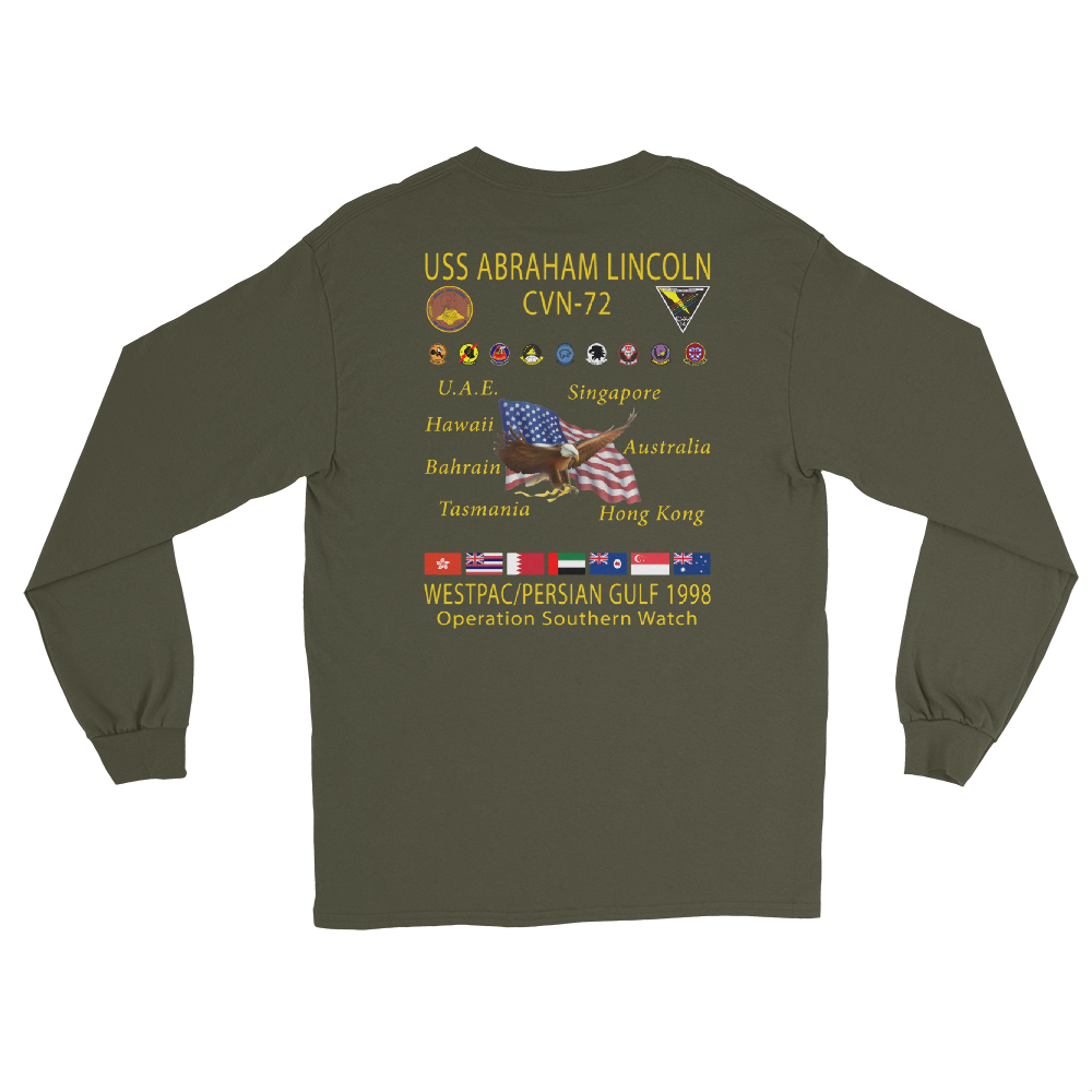 USS Abraham Lincoln (CVN-72) 1998 Long Sleeve Cruise Shirt – back view, military green
