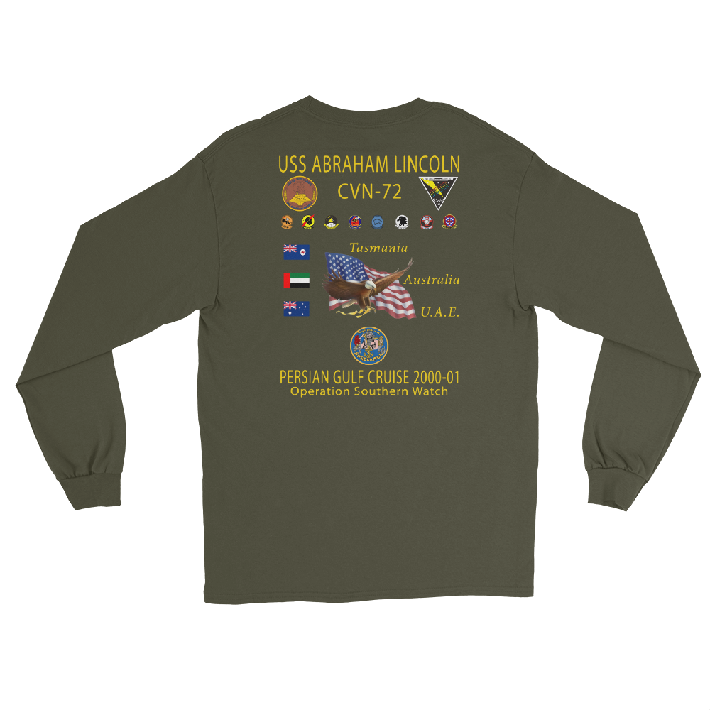 USS Abraham Lincoln (CVN-72) 2000-01 Long Sleeve Cruise Shirt – back view, military green