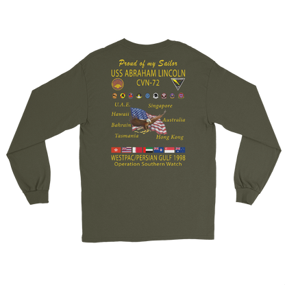 USS Abraham Lincoln (CVN-72) 1998 Long Sleeve Cruise Shirt - Family – back view, military green
