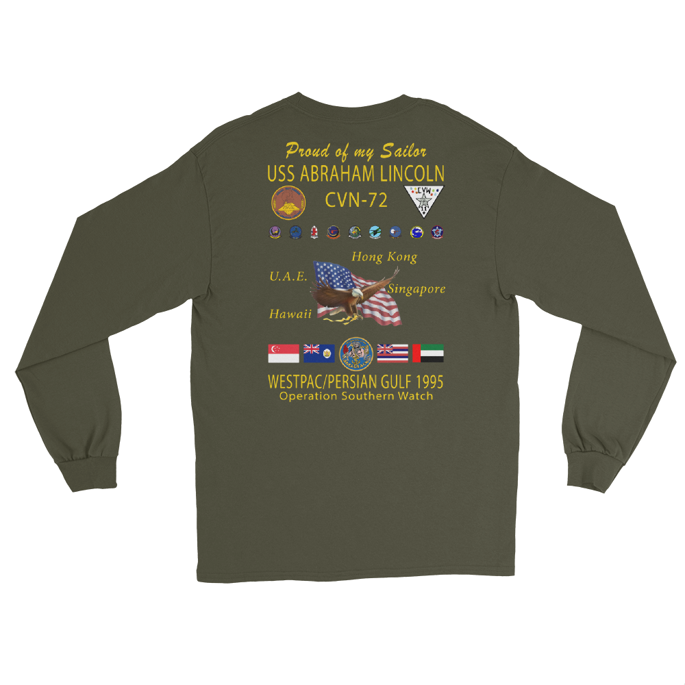 USS Abraham Lincoln (CVN-72) 1995 Long Sleeve Cruise Shirt - FAMILY – back view, military green