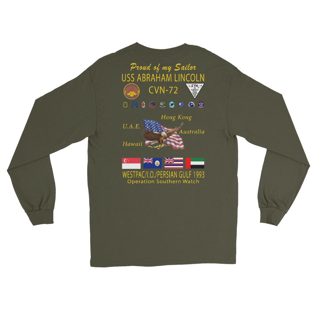 USS Abraham Lincoln (CVN-72) 1993 Long Sleeve Cruise Shirt - FAMILY – back view, military green