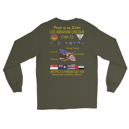 USS Abraham Lincoln (CVN-72) 1993 Long Sleeve Cruise Shirt - FAMILY – back view, military green