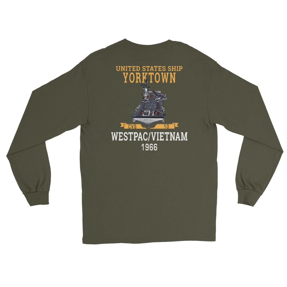 USS Yorktown (CVS-10) 1966 WESTPAC/VIETNAM Long Sleeve T-Shirt – back view, military green