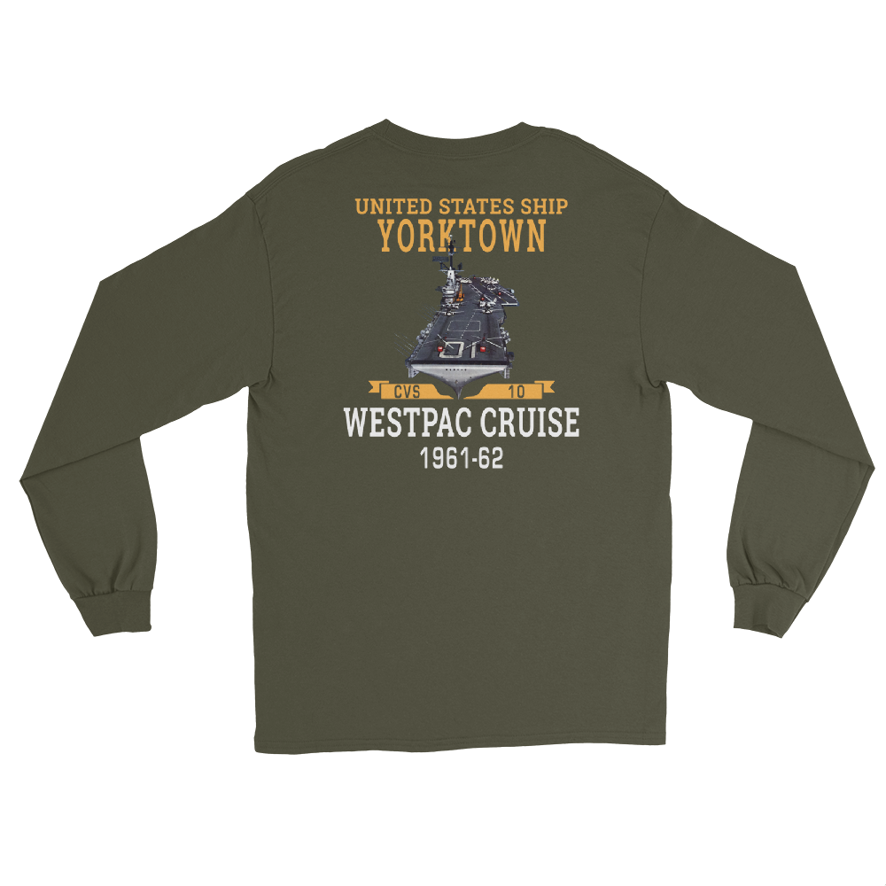 USS Yorktown (CVS-10) 1961-62 WESTPAC Long Sleeve T-Shirt – back view, military green