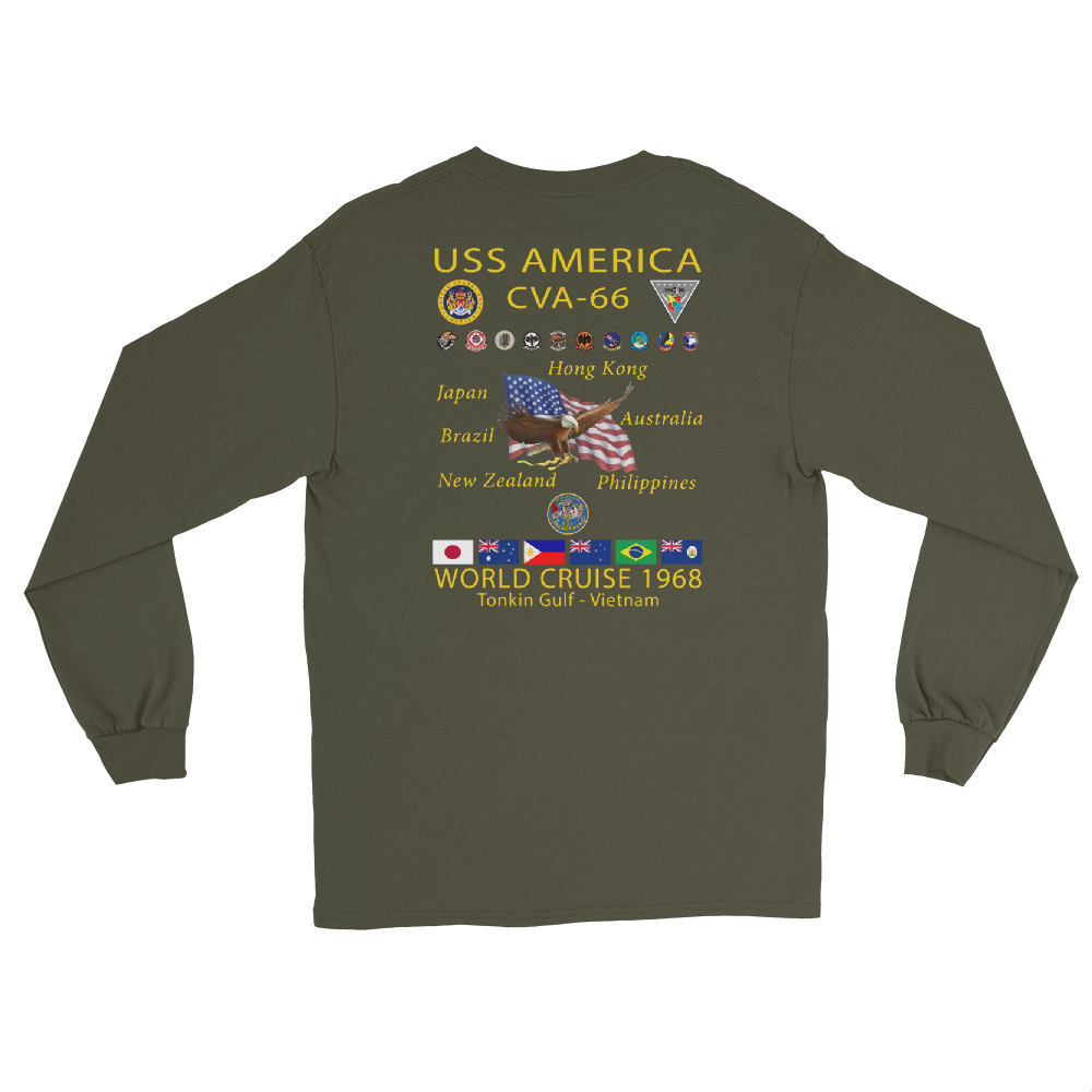 USS America (CVA-66) 1968 Cruise Shirt Long Sleeve Cruise Shirt – back view, military green