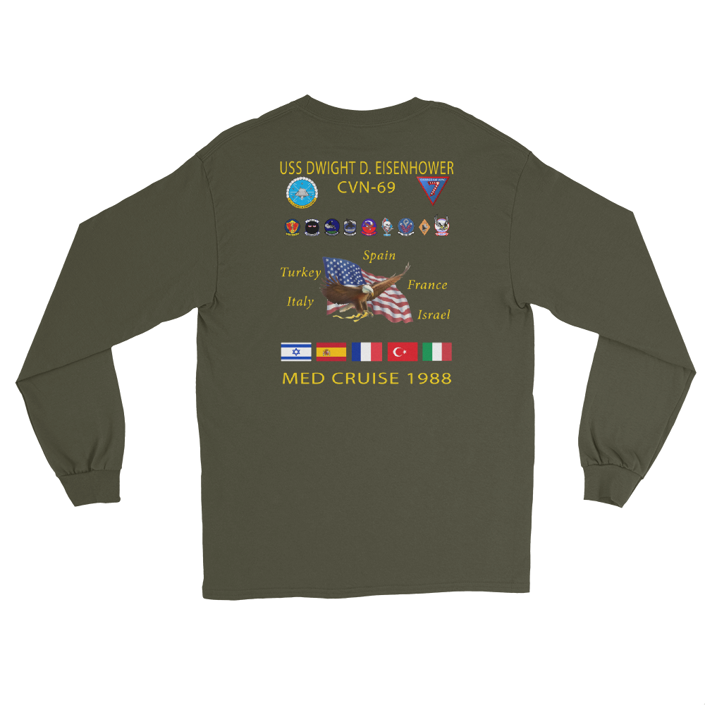 USS Dwight D. Eisenhower (CVN-69) 1988 Long Sleeve Cruise Shirt – back view, military green
