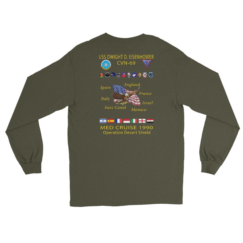 USS Dwight D. Eisenhower (CVN-69) 1990 Long Sleeve Cruise Shirt – back view, military green