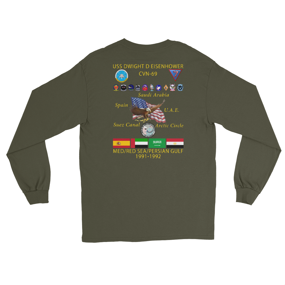 USS Dwight D. Eisenhower (CVN-69) 1991-92 Long Sleeve Cruise Shirt – back view, military green