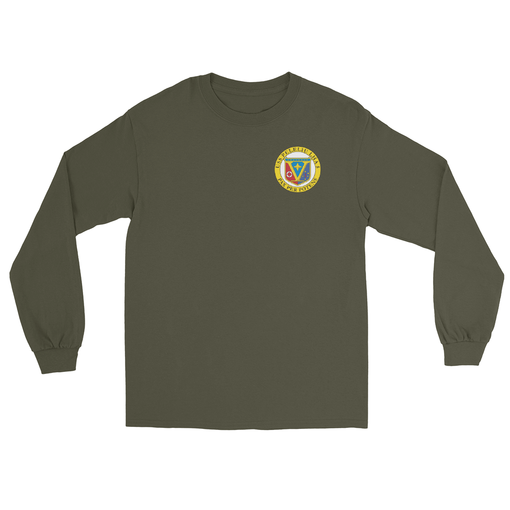USS Peleliu (LHA-5) Ship's Crest Long Sleeve Shirt – front view, military green