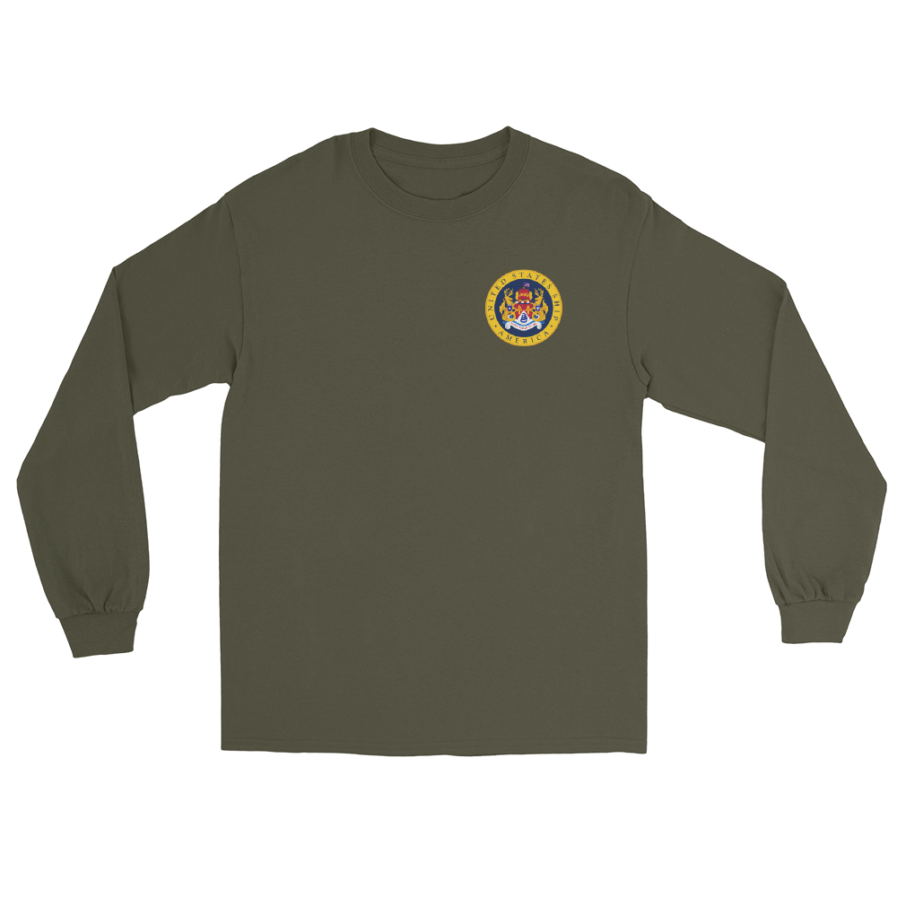 USS America (CVA-66) 1965-66 Long Sleeve Cruise Shirt – front view, military green