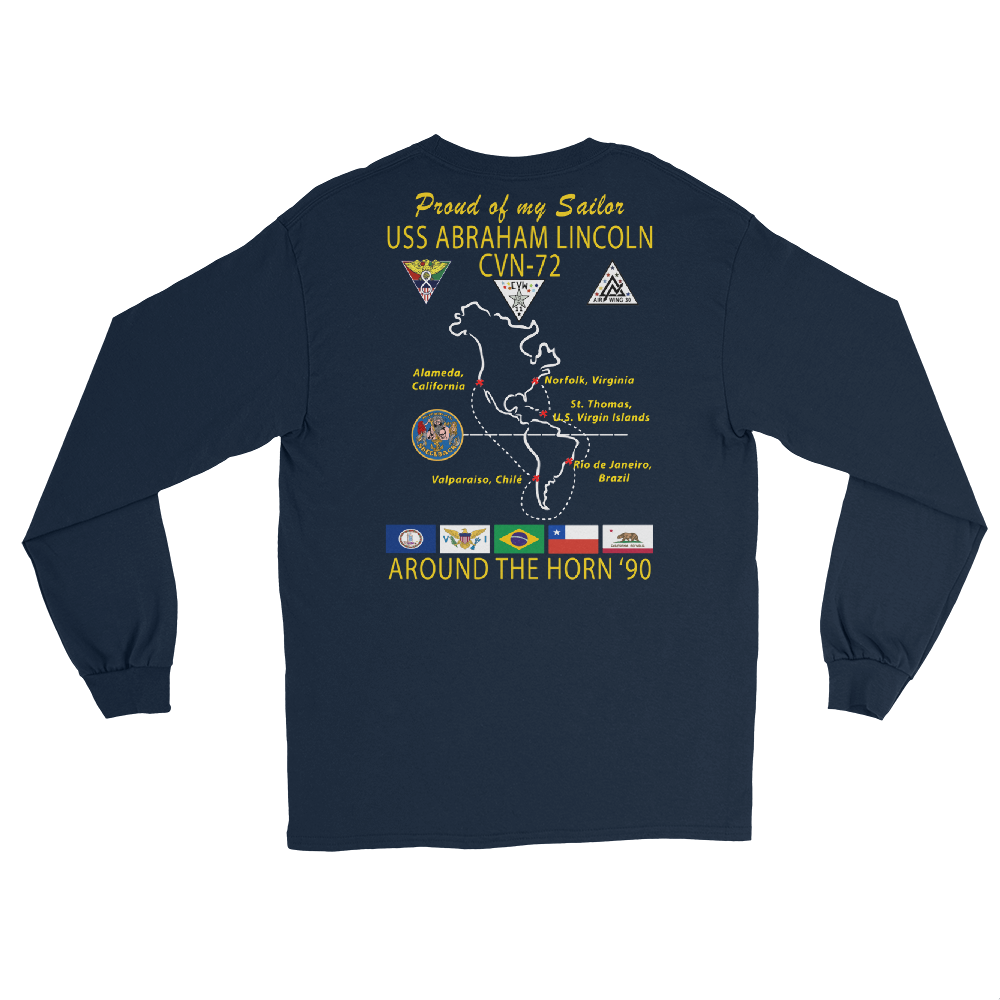 USS Abraham Lincoln (CVN-72) 1990 Long Sleeve Cruise Shirt - FAMILY – back view, navy