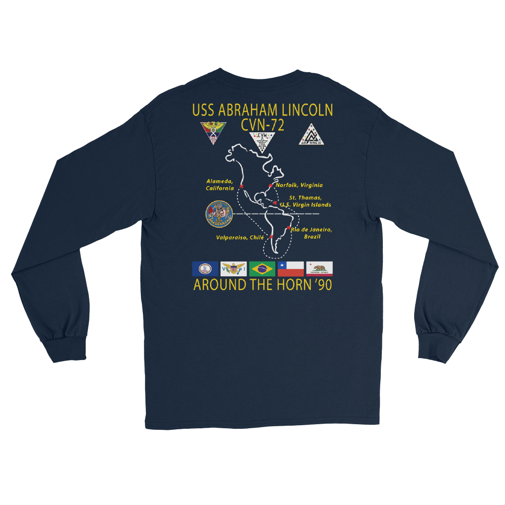 USS Abraham Lincoln (CVN-72) 1990 Around The Horn Long Sleeve Cruise Shirt – back view, navy