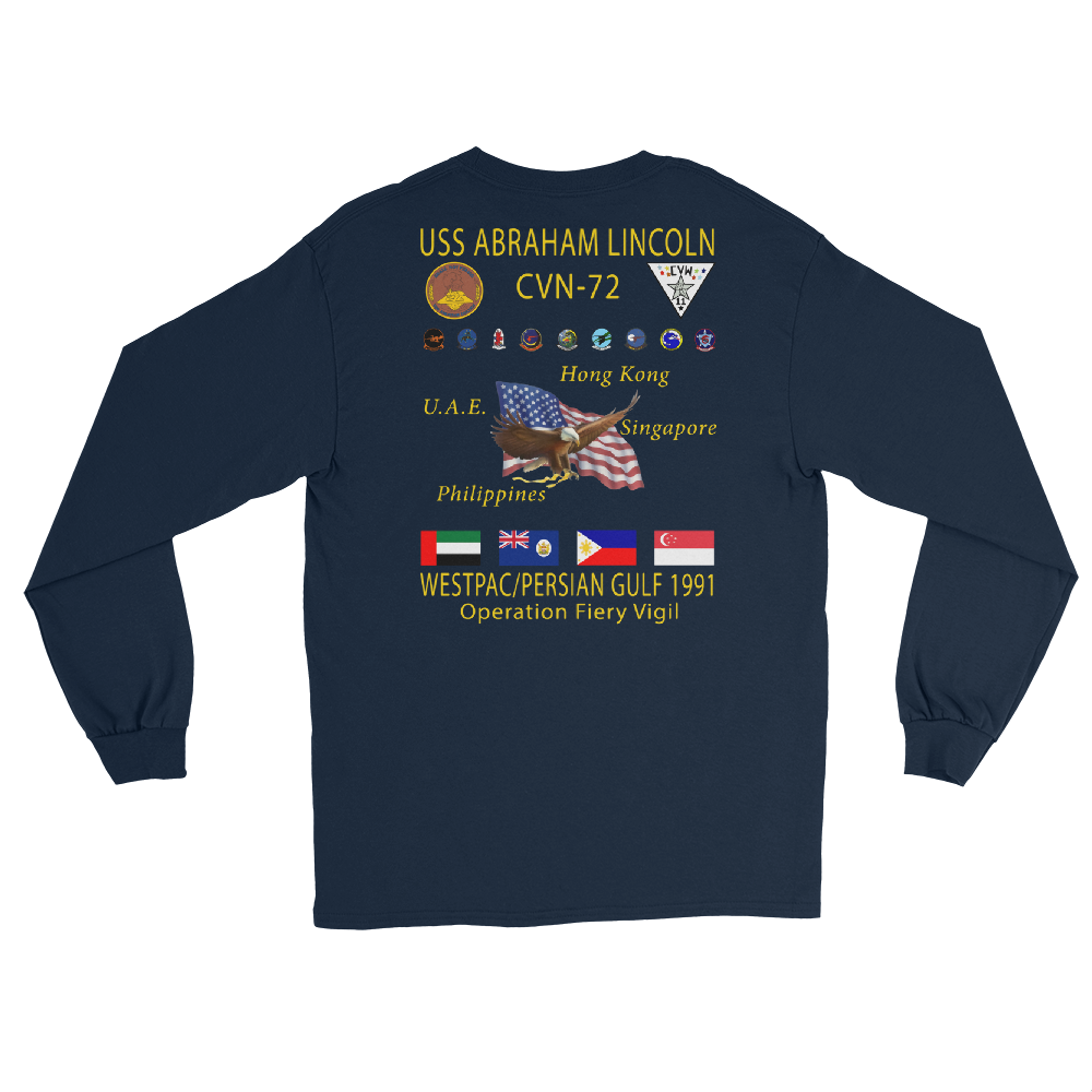 USS Abraham Lincoln (CVN-72) 1991 Long Sleeve Cruise Shirt – back view, navy