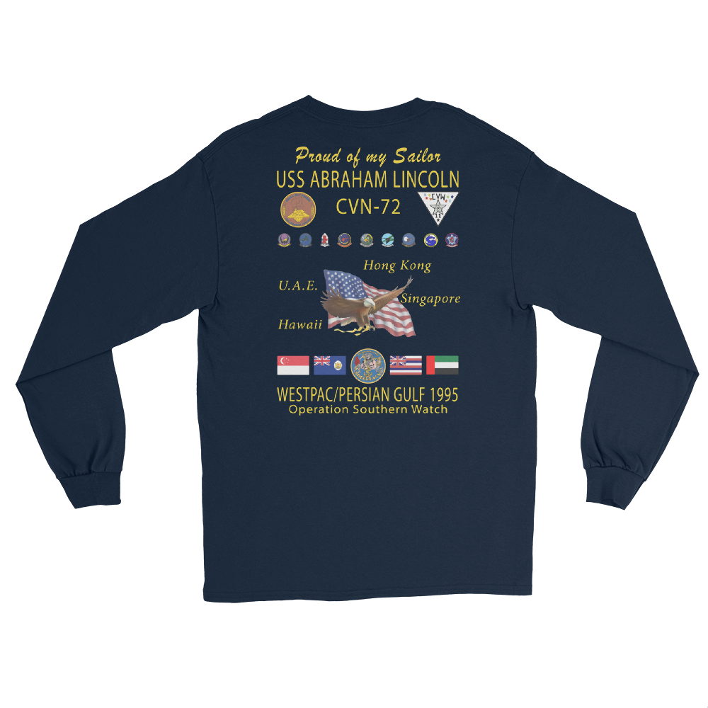 USS Abraham Lincoln (CVN-72) 1995 Long Sleeve Cruise Shirt - FAMILY – back view, navy