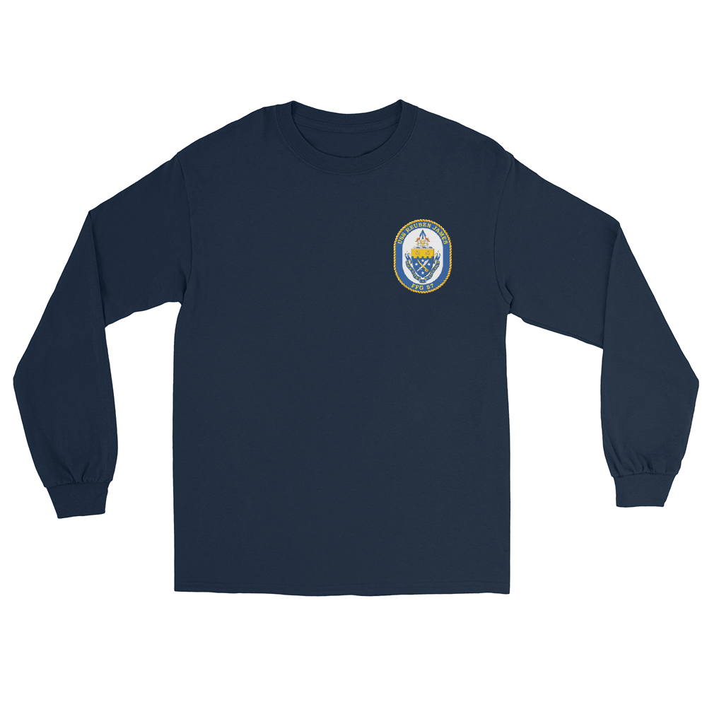 USS Reuben James (FFG-57) Ship's Crest Long Sleeve Shirt – front view, navy