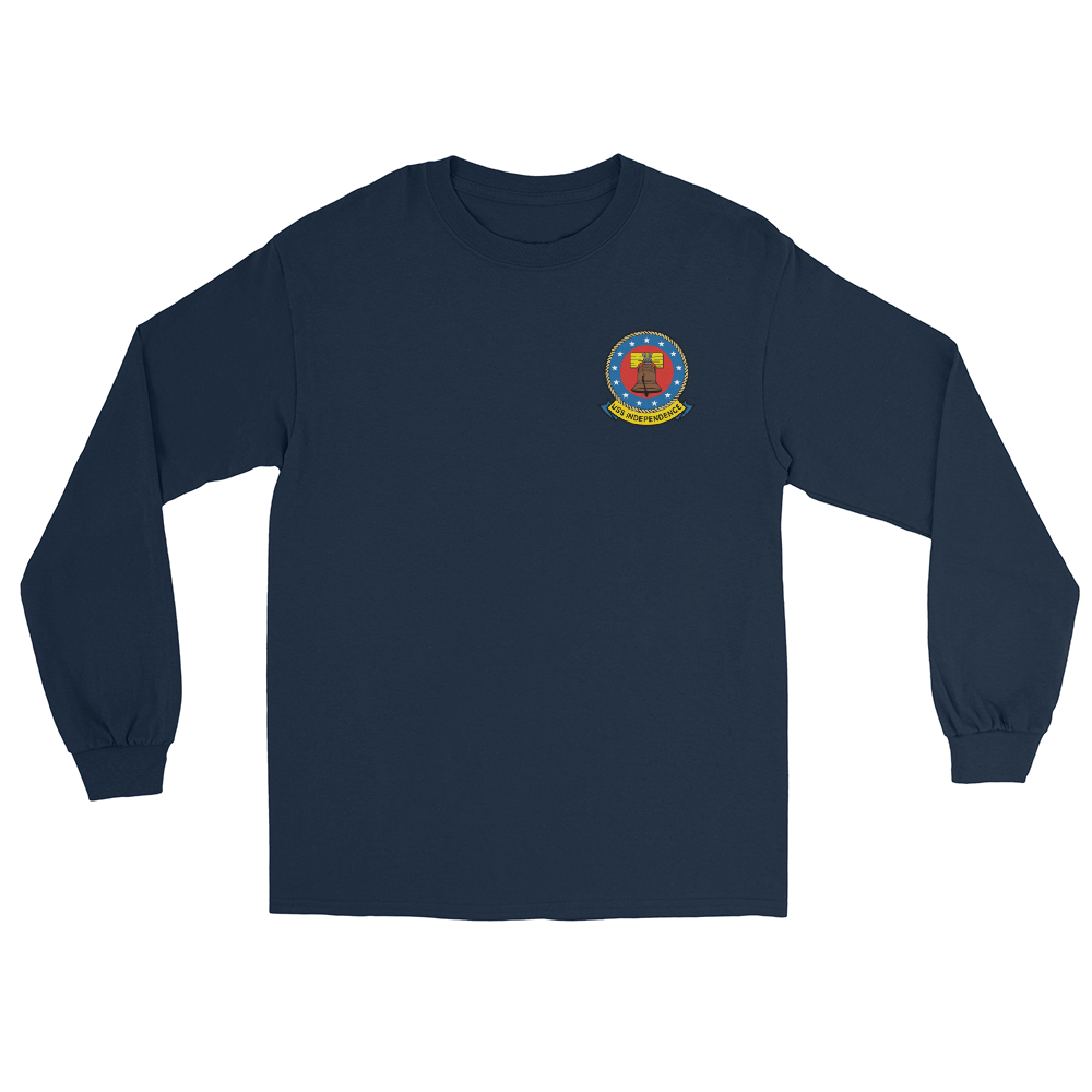 USS Independence (CVA-62) 1970-71 Long Sleeve Cruise Shirt – front view, navy