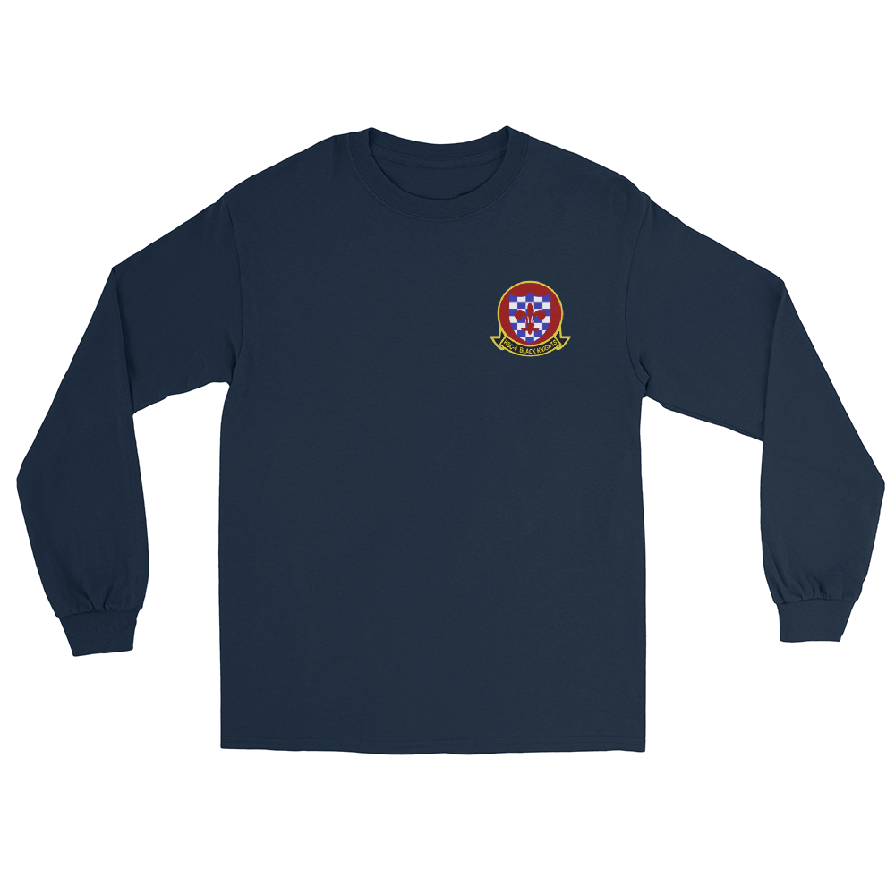 HSC-4 Black Knights Squadron Crest Long Sleeve Shirt – front view, navy