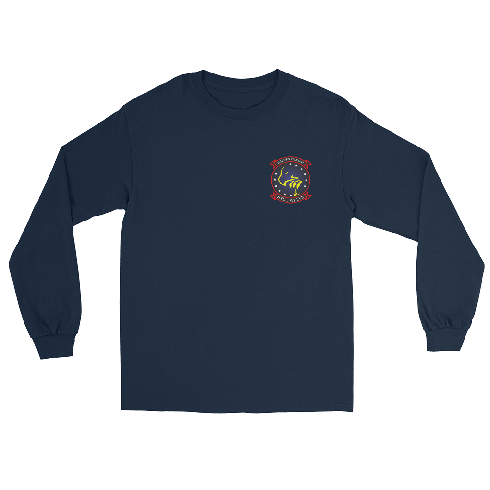 HSC-12 Golden Falcons Squadron Crest Long Sleeve T-Shirt – front view, navy
