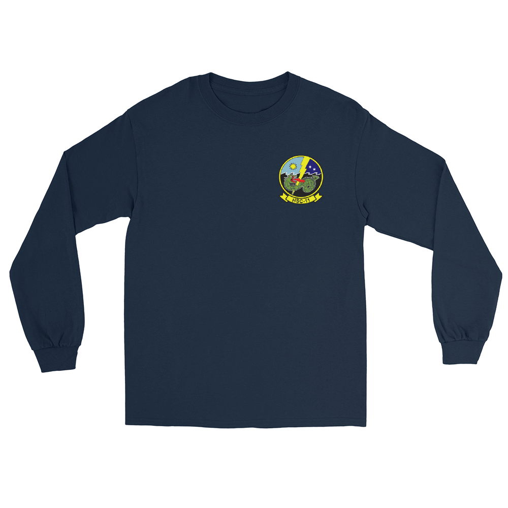 HSC-11 Dragonslayers Squadron Crest Long Sleeve T-Shirt – front view, navy