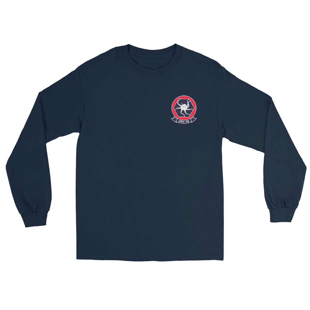 HSC-28 Dragon Whales Squadron Crest Long Sleeve T-Shirt – front view, navy