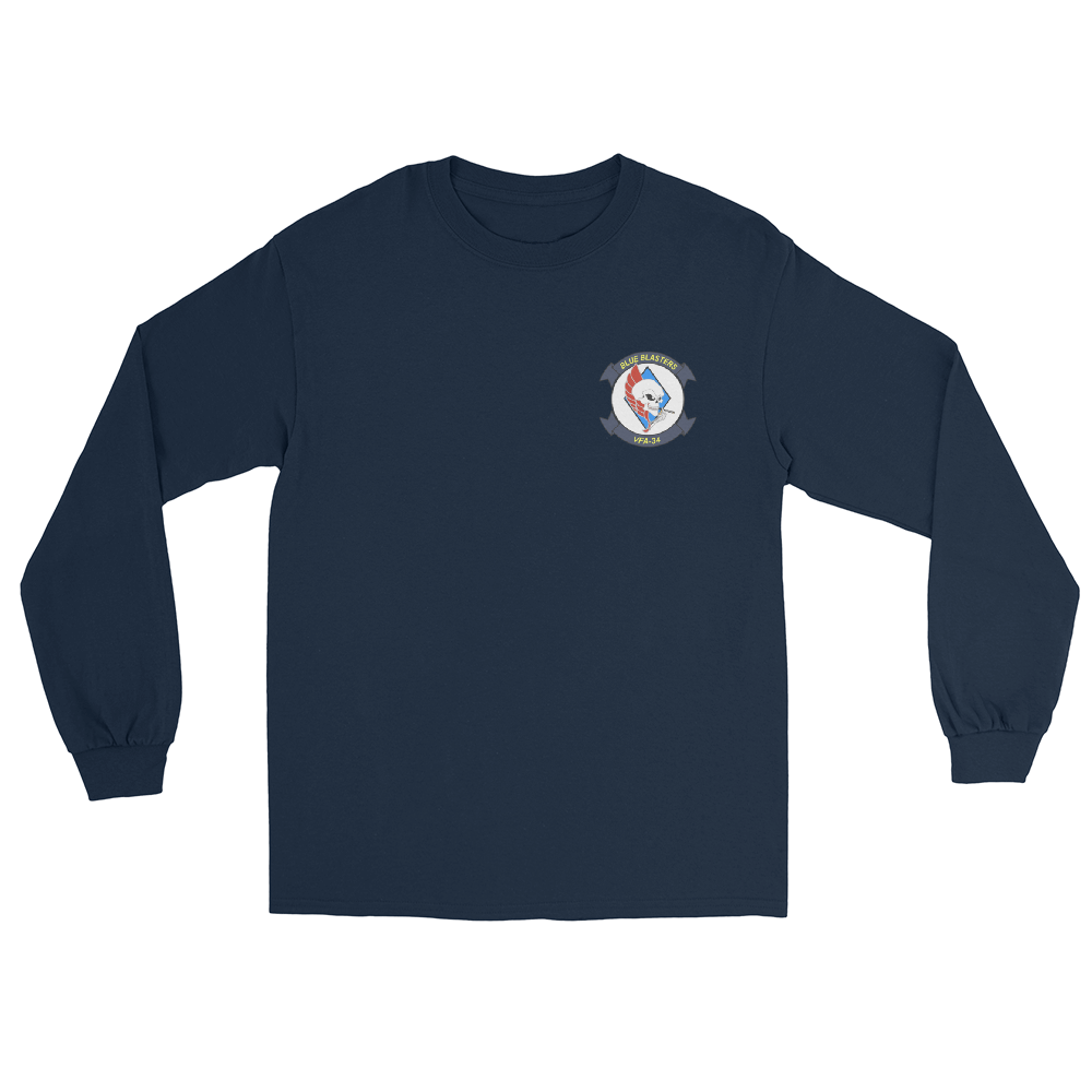 VFA-34 Blue Blasters Squadron Crest Long Sleeve T-Shirt – front view, navy