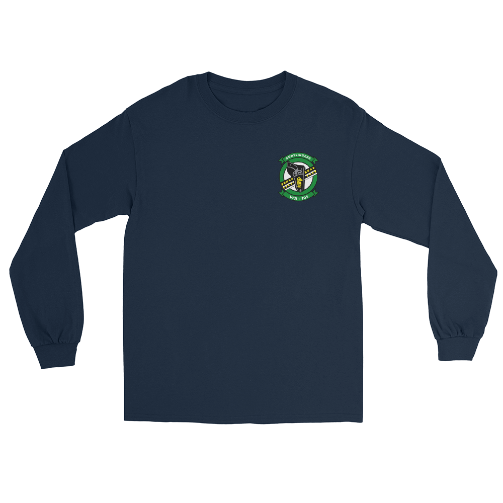 VFA-105 Gunslingers Squadron Crest Long Sleeve T-Shirt – front view, navy