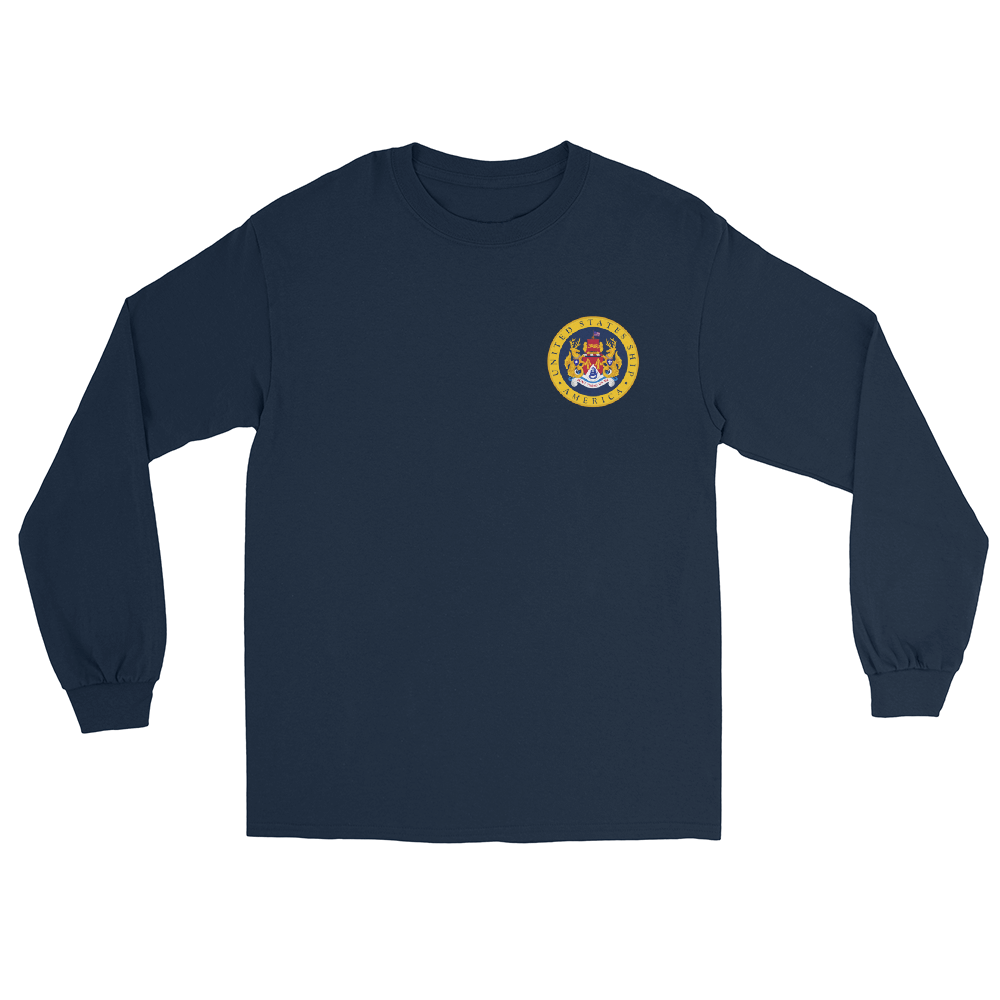 USS America (CVA/CV-66) Ship's Crest Long Sleeve T-Shirt – front view, navy