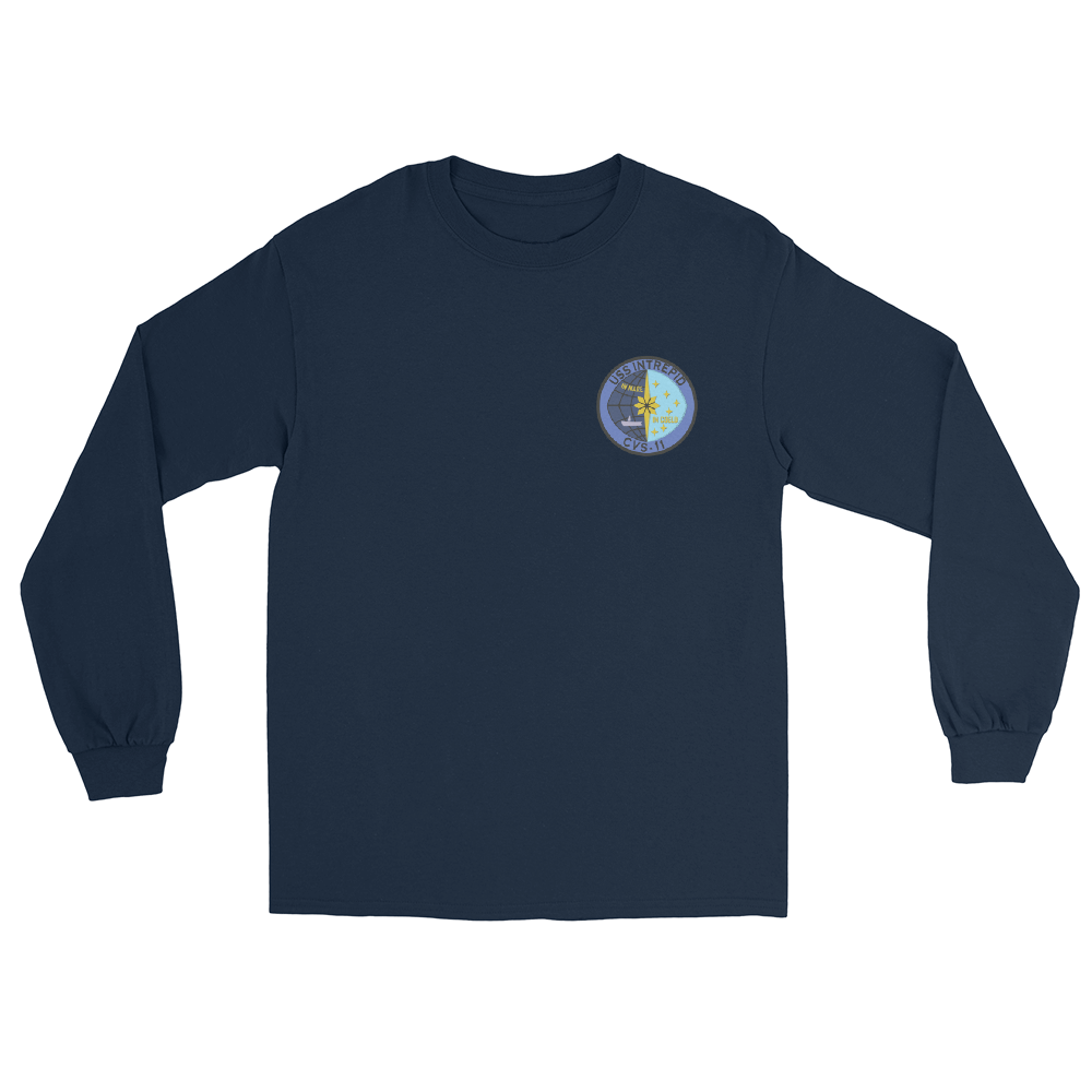 USS Intrepid (CVS-11) Ship's Crest Long Sleeve Shirt – front view, navy